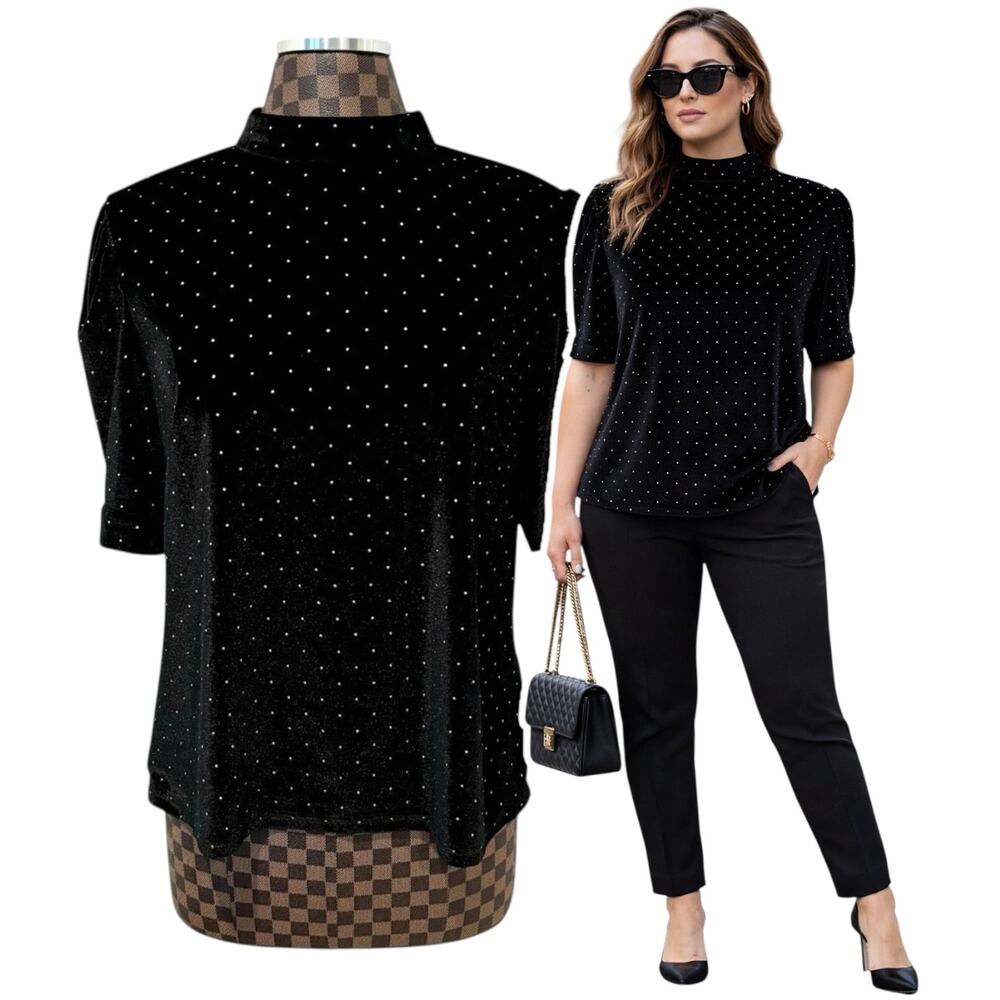 Nanette Lepore Black Gold Stud Velvet Top Sz Large Puff Sleeve Preppy Glam Twee
